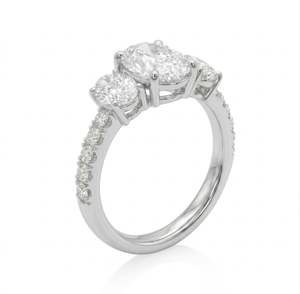 3.00ct Oval Lab Diamond 3 Stone Ring in 14K White Gold (Half Diamond Band)