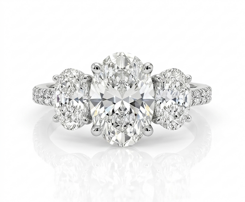 3.00ct Oval Lab Diamond 3 Stone Ring in 14K White Gold (Half Diamond Band)