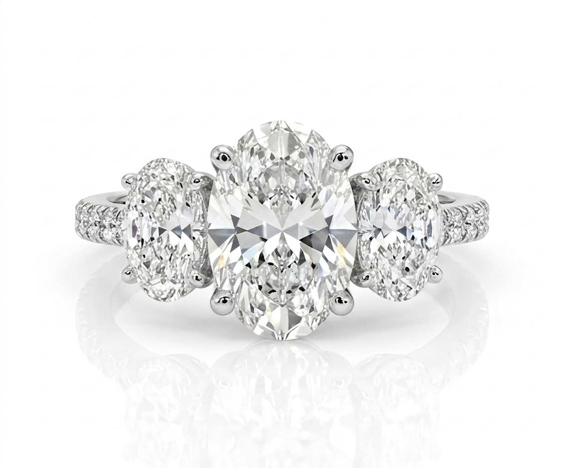 3.00ct Oval Lab Diamond 3 Stone Ring in 14K White Gold (Half Diamond Band)